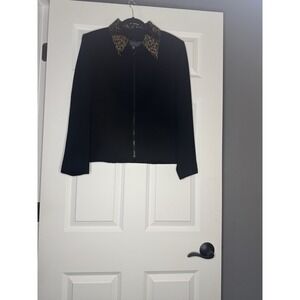 Alex Garfield Blazer Jacket Size 8 Black W Faux Fur Animal Print Collar